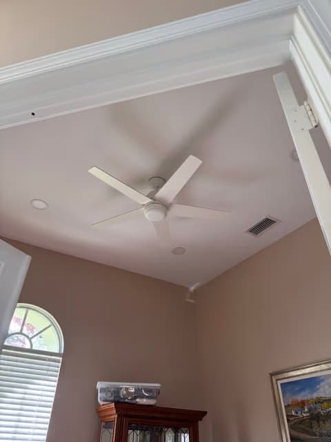 Ceiling fan installed in a room with a tray ceiling