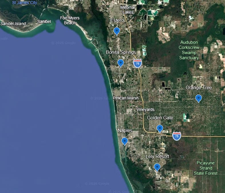 Map of KirchCo's Southwest Florida service coverage area, including Naples, Bonita Springs, Estero, and Golden Gate